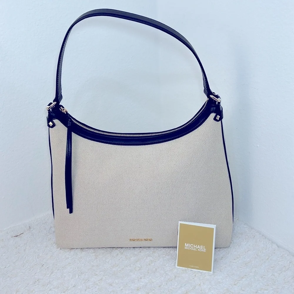 NEW $358 Michael Kors Maeve Large Hobo Bag‎ Cream Beige Black Canavas Leather
